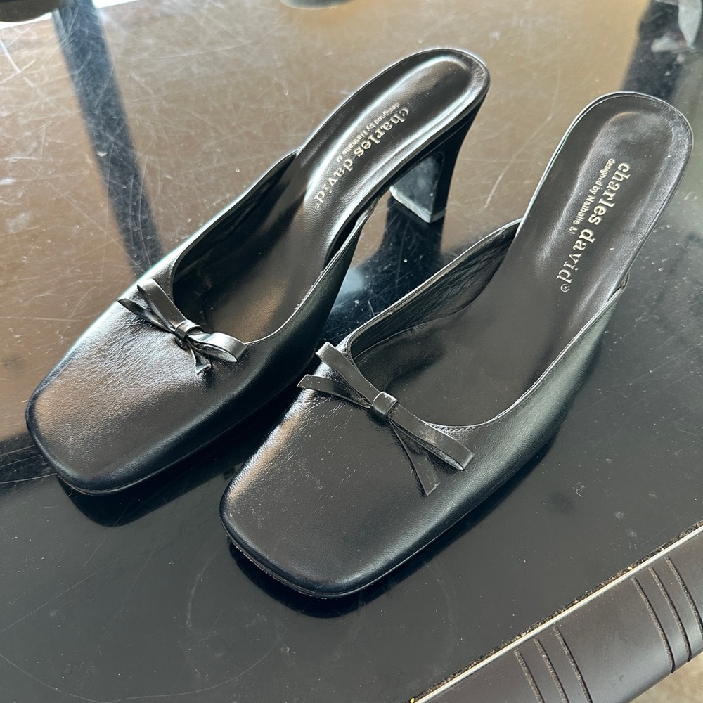 VINTAGE CHARLES DAVID BLACK MARY JANE SEXY MULES LEATHER BOW 3" leather HEEL